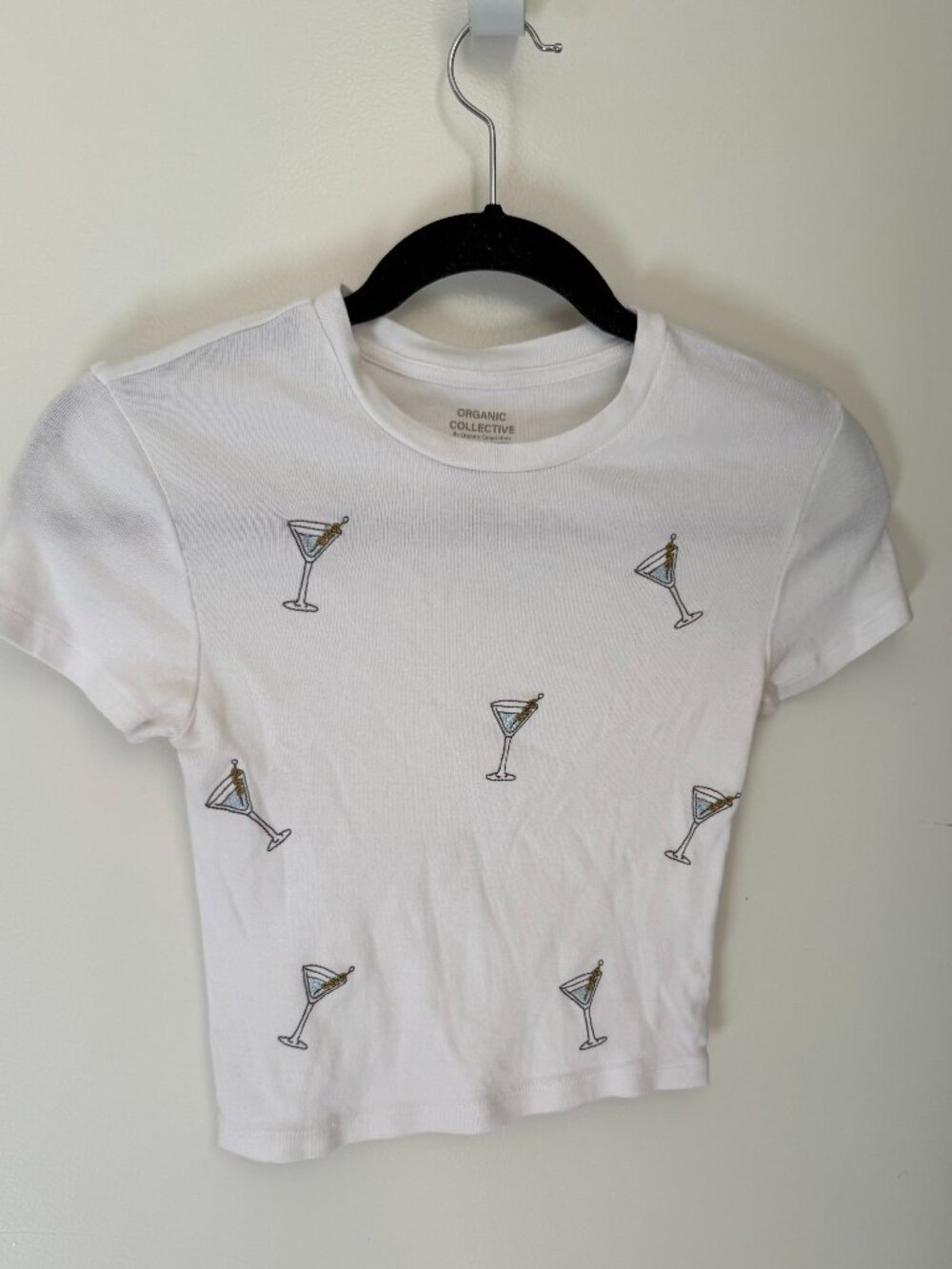 Organic Collective baby T-Shirt, embroidered martini glass, Size XS